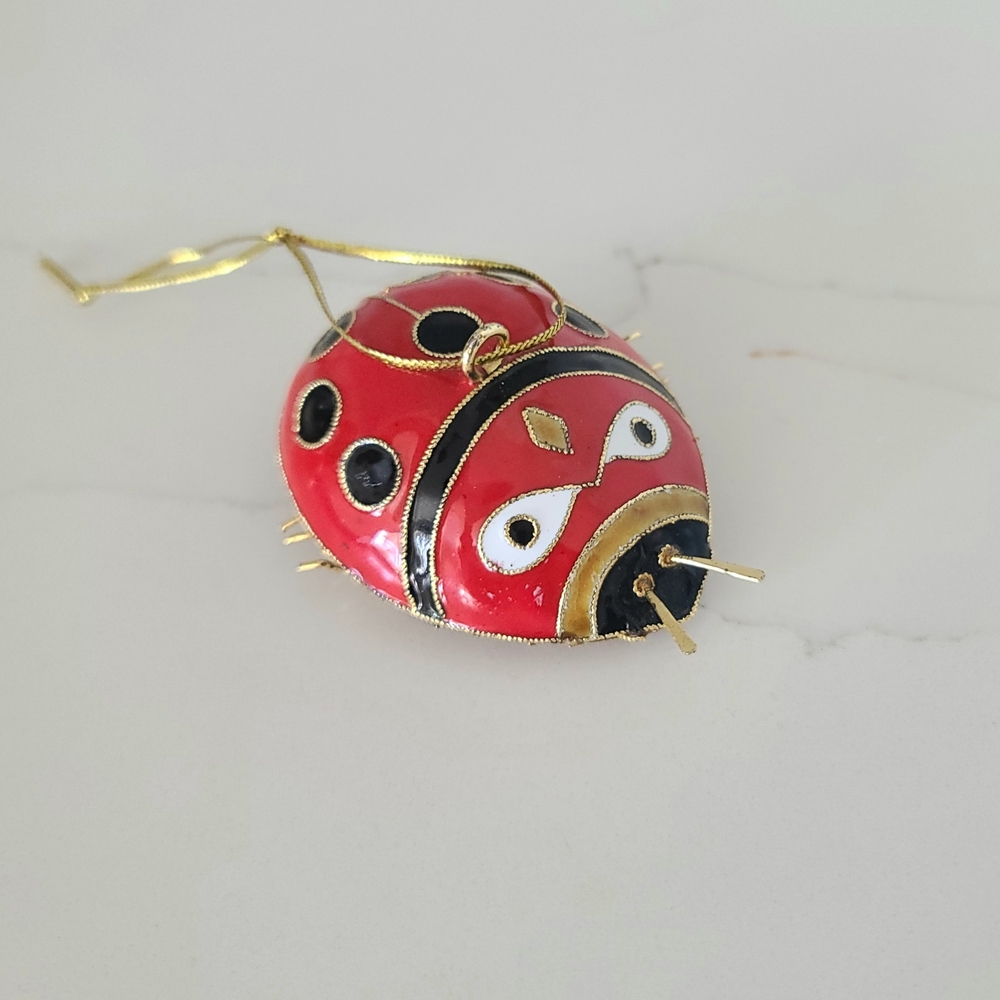 Vtg Set of Four Cloisonné Christmas Ornaments Hummingbird Snowman Ladybug Flower - Picture 2 of 10